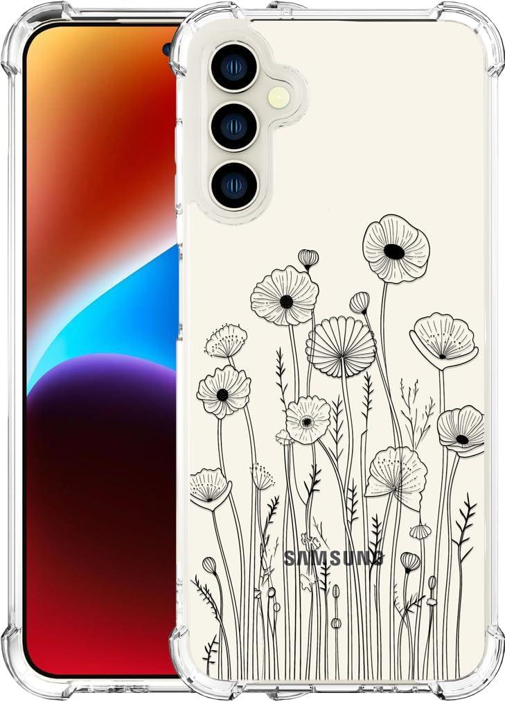 Compatible with Samsung Galaxy S23 Cases with Design, Cute Transparent Phone Case for Women Girls Girly with Heavy Duty Protective Bumper (Clear Wild Flowers Line Art)