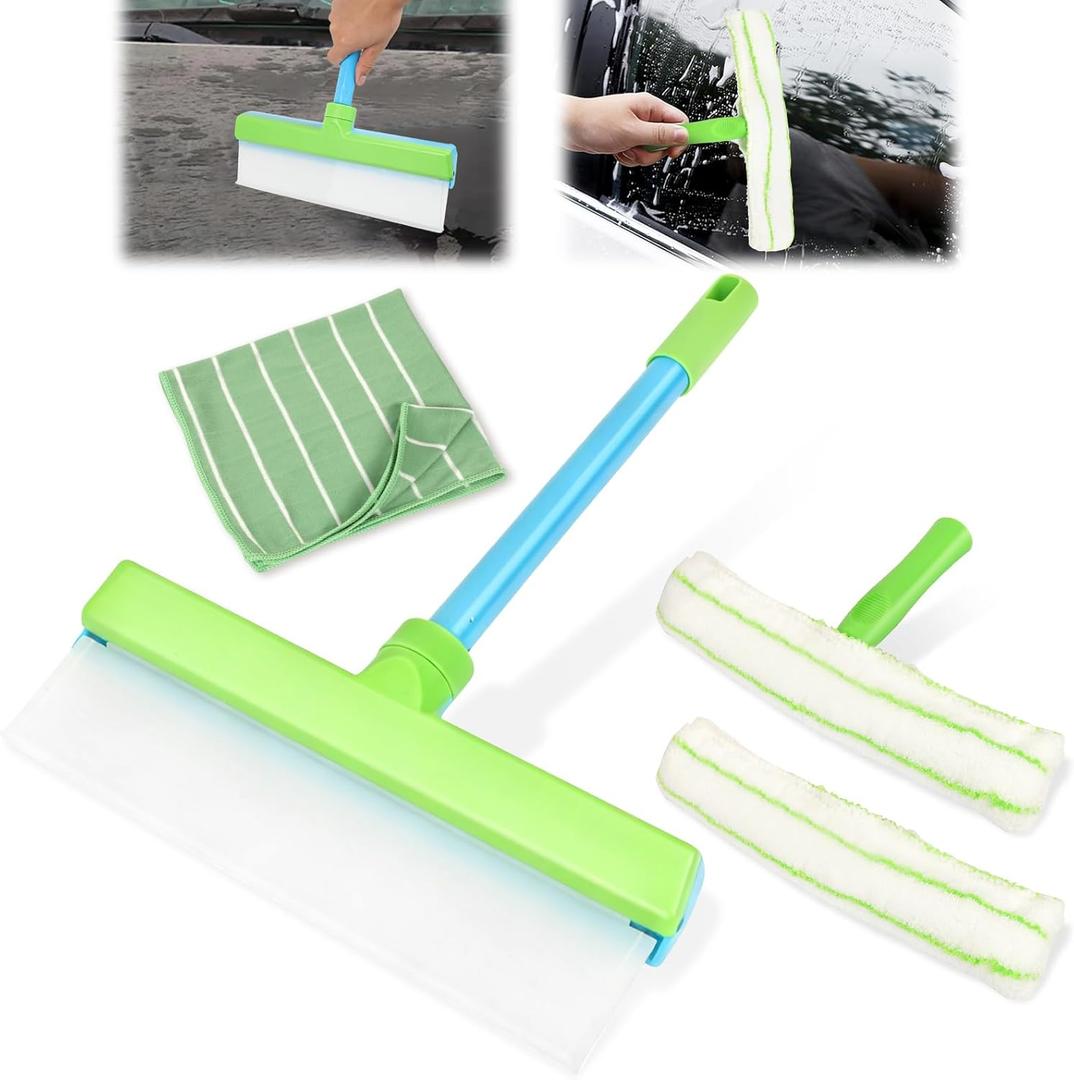 Shower Squeegee for Glass Doors & Window Squeegee Kit, 3-in-1 Silicone Squeegee with Rotatable Window Washer & Microfiber Towel, Green
