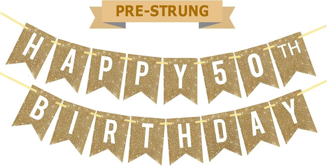 Netnology Pre-Strung Gold Happy 50th Birthday Banner Decorations,12 ft No DIY Gold Glitter 50th Birthday Party Banner Sign Decor for Women Men Girl Boy Party Supplies