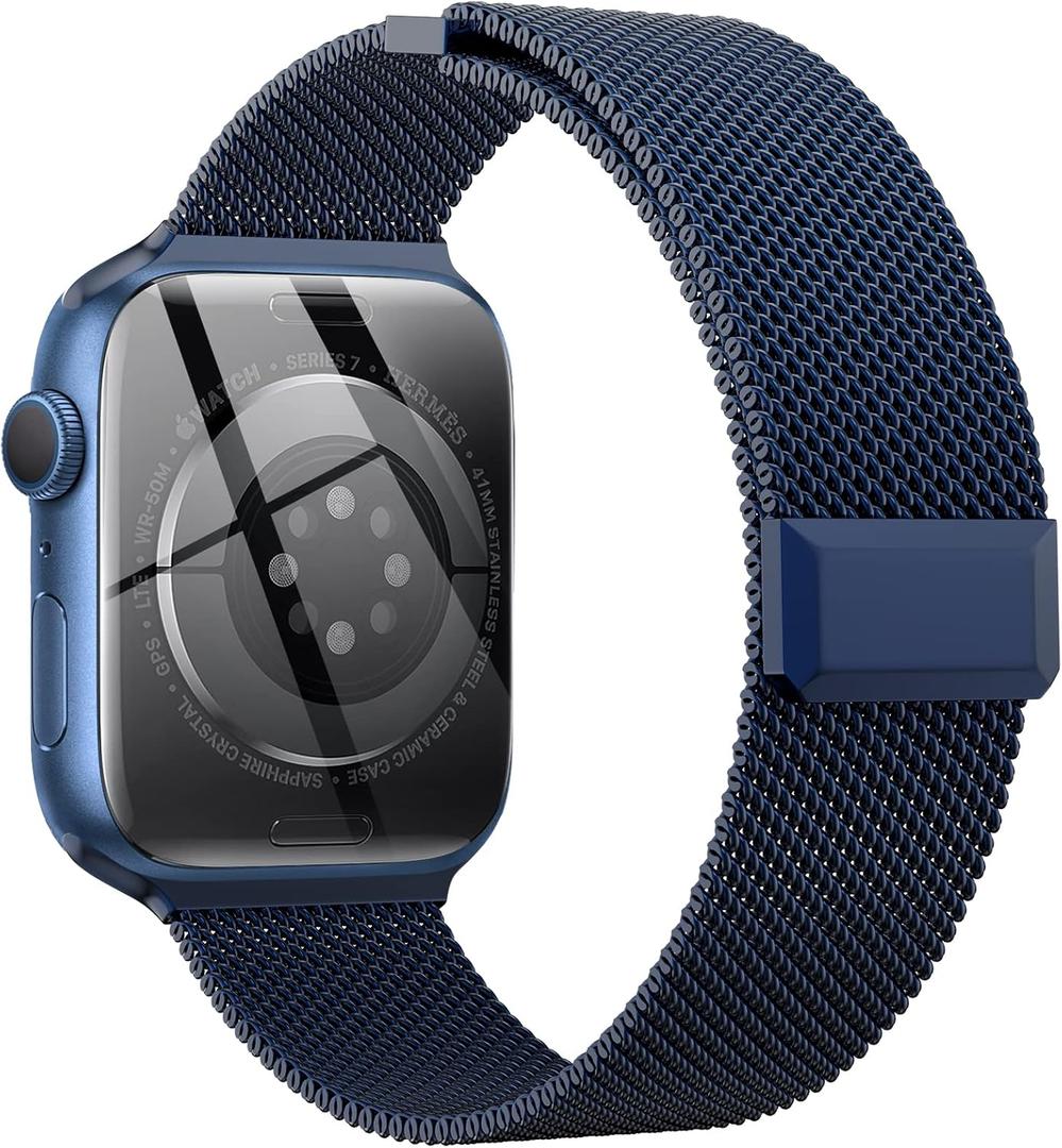 EPULY Compatible with Apple Watch Band 38mm 40mm 41mm 42mm Series 10 11, Stainless Steel Mesh Loop Magnetic Clasp Bands for iWatch Series 9 8 7 6 5 4 SE3 2 Women Men - 42/41/40/38mm Blue
