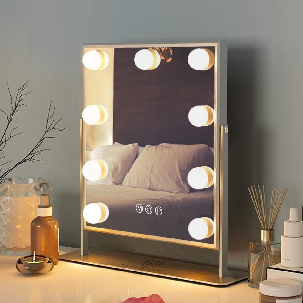FENCHILIN Vanity Mirror with Light Lighted Makeup Mirror Vanity Makeup Mirror Smart Touch Control 3Colors Dimmable Light Detachable 10X Magnification 360Rotation (White)
