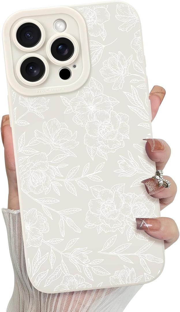 MZELQ for iPhone 15 Pro Max Case, Silicone Floral Flower Rose Cute Pattern, Camera Protection Soft Slim Phone Case for Phone Case -White