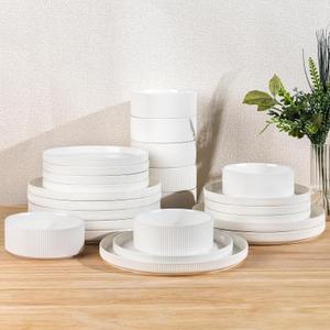 TheTerra Ceramic Dinnerware Sets for 8, 24 Pieces Porcelain Lightweight Plates and Bowls Sets, Scratch Resistant Dish Set, Oven & Microwave & Dishwasher Safe, Crisp White