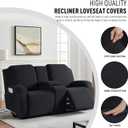 KinCam Loveseat Recliner Covers with Middle Console Slipcover, Recliner Sofa Covers 2 Seat Couch Cover Stripe Jacquard Furniture Protector Covers with Elastic Bottom for Kids, Pets (Black)