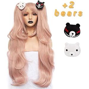 Anogol Hair Cap+ ( 2 Bears ) Light Pink Cosplay Wig Long Synthetic Wig For Girls Costume Party Halloween Christamas Wig With Hair Accessory