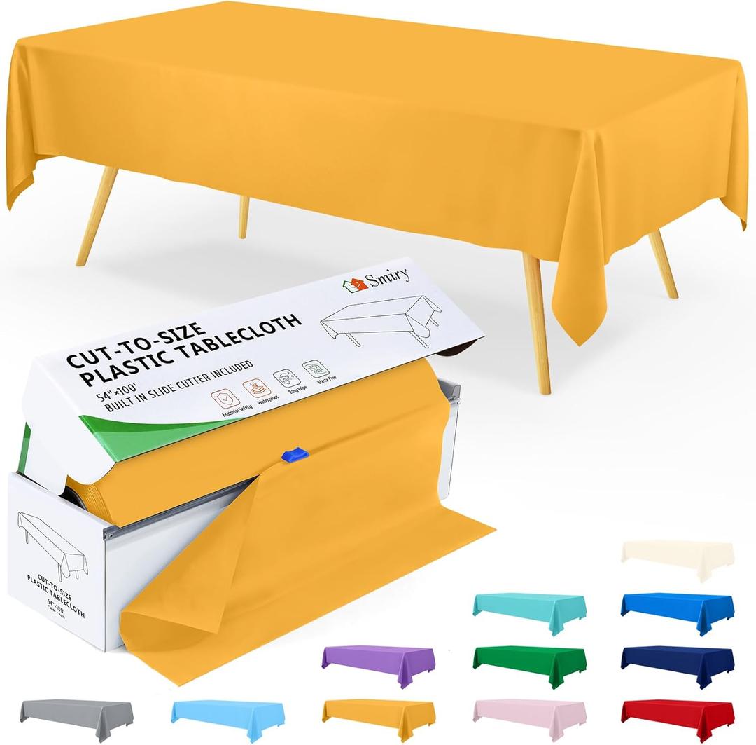 Smiry 54 Inch x 100 Feet Disposable Table Cover Roll, Mustard Yellow Plastic Table Cloth in Cut-to-Size Box with Slide Cutter, Waterproof Rectangle Tablecloths for Weddings, Banquets, Outdoor