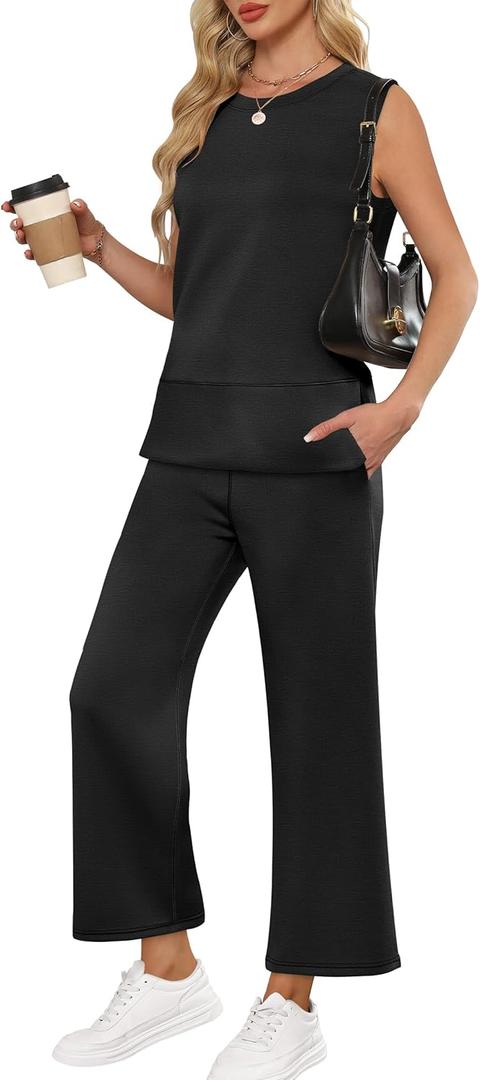 ANRABESS Women's 2 Piece Sets Summer Travel Airplane Outfits Sleeveless Wide Leg Casual Lounge Matching Sweat Set Sweatsuits (Large, Black)