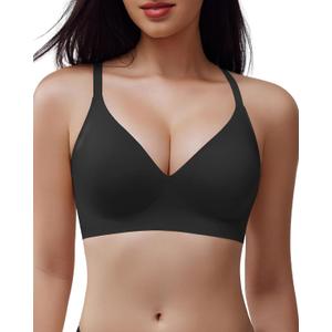 Women's Wireless Seamless T-Shirt Bra, Full Coverage V-Neck Ribbed Comfort, Smooth Back Support (Black, L)