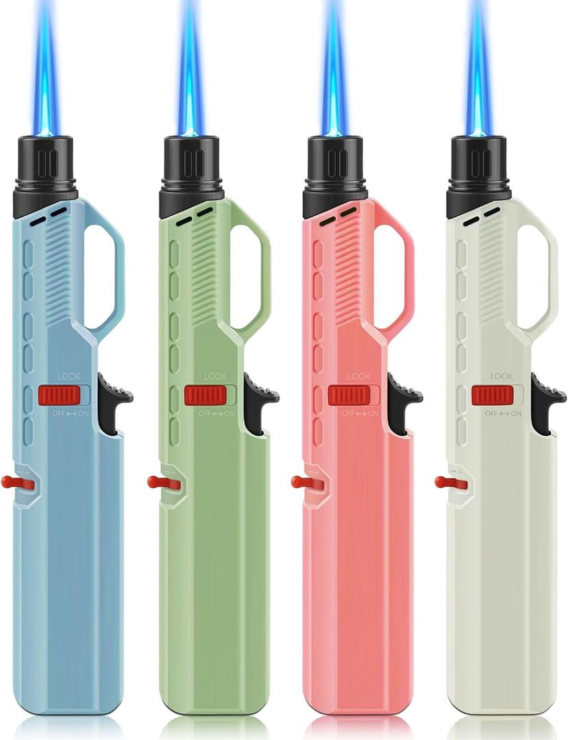 4 Pack of Torch Lighter, Windproof Adjustable Jet Flame, with Safety Lock, Long Refillable Butane Torch Lighters for Grill, Camping, Candle, Stove (NO Gas)