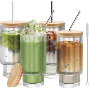 Iced Coffee Cups with Lids 4 Pcs - 16 OZ Glass Cups with Lids and Straws, Reusable Ice Coffee Tumbler, Clear Ribbed Drinking Glasses for Matcha, Smoothie, Ice Tea, Lemonade