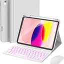 RAYMCRAFT for iPad 11th (A16, 2025) / 10th Generation Case with Keyboard, Mouse and Detachable Wireless Keyboard, 7-Color Backlight, Slim Case with Pencil Holder, White