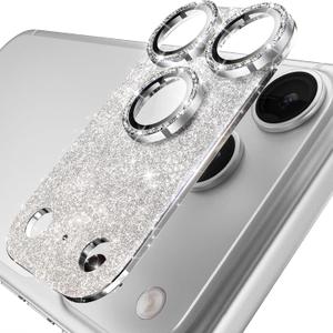 YWXTW for iPhone 17 Pro Camera Lens Protector, [Upgraded Glitter Design] Full Bling Sparkly Diamond Tempered Glass Screen Protector Metal Camera Cover Accessories (Glitter Silver, iPhone 17 Pro)
