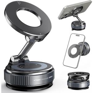 Magnetic Car Phone Mount with Strong Vacuum Suction Cup, 360 Adjustable MagSafe Dashboard & Windshield Holder Compatible with iPhone, Samsung & Android, Universal Hands-Free Car Mobile Holder