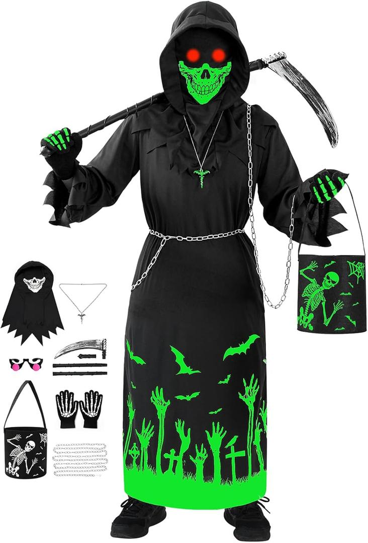 Invoibler Halloween Grim Reaper Costume Set for Kids Glow in the Dark Robe Scary Costumes with Scythe Glowing Red Eyes (M(45in,Age:8-10))
