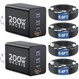 2 Pack 200W USB C Charger Block, Foldable 4-Port GaN5 Super Fast Charger USB C, Dual 65W Type C Charging Block, Laptop Fast Charging Adapter for MacBook Pro/Air, iPad, iPhone, Samsung Galaxy Black