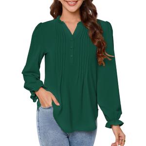Womens Puff Long Sleeve Tops Henley V Neck Pleated Button Down Shirts Tunic Dress Blouses Business Casual Outfits (Green, S)