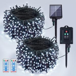woohaha 2 Pack Solar String Lights,Total 72ft 200 LED Solar White Christmas Lights Outdoor with Remote and Timer, 8 Modes Solar Tree Light Waterproof Solar Fairy Light for Garden,Yard,Patio,Party