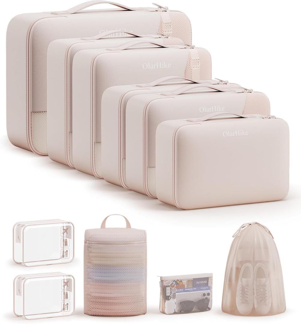 11 Set Packing Cubes for Travel, Gifts for Women Mom,Anti-Tearing Suitcase Organizer for Luggage Carts with Shoe & Hanging Toiletry Bag,OlarHike Vacation Essentials & Accessories for Cruise Ship (01 Cream)