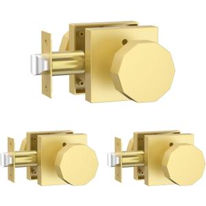 Amerdeco 3 Pack Privacy Door Knobs,Brushed Gold Door Knobs Interior,Heavy Duty Bedroom and Bathroom Door Locks Square Base Round Door Knob AM0026