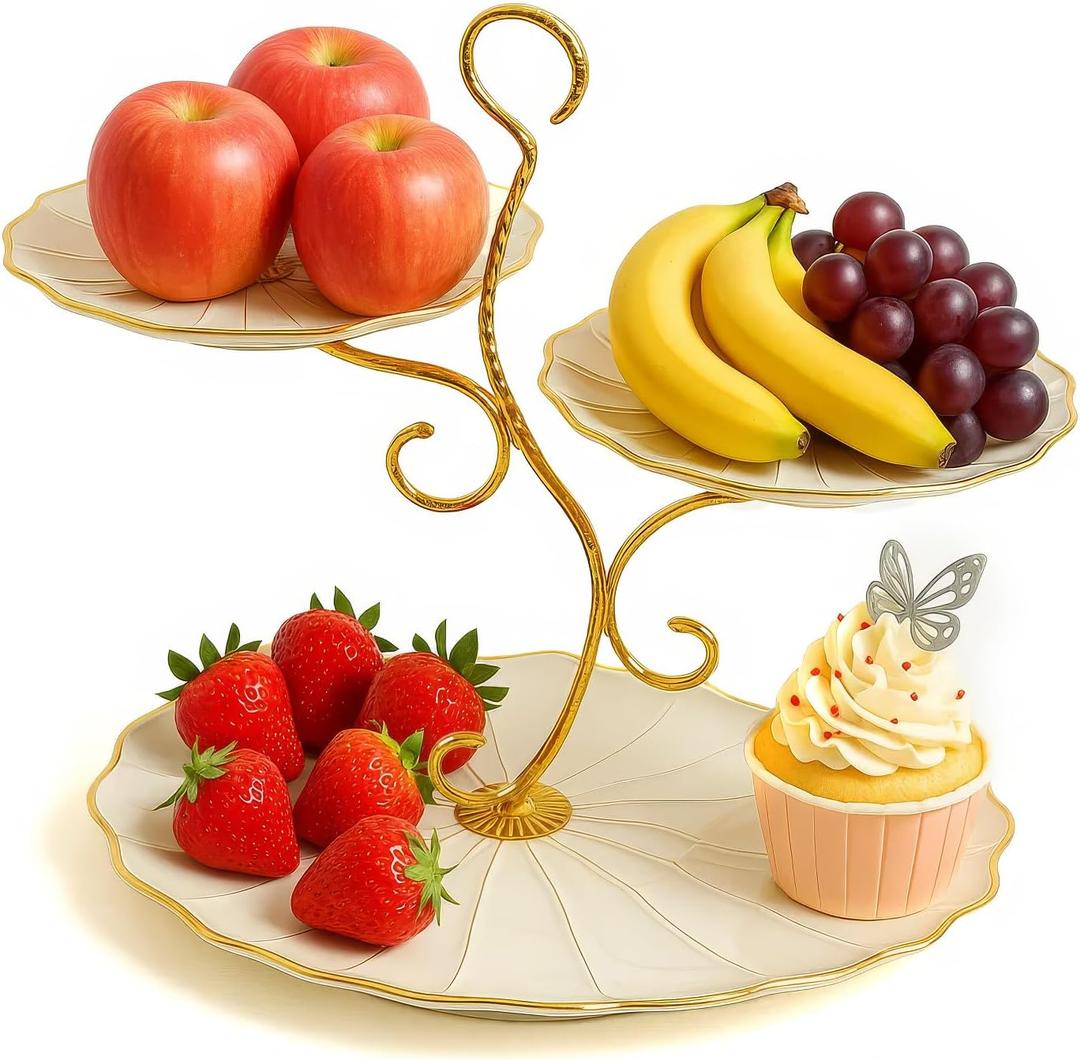 3 - Tier Golden Decorative Plastic Fruit Basket Stand - Elegant Kitchen Centerpiece for Desserts & Snacks - Stylish Display Rack for Countertop & Table - Perfect for Parties & Holidays (Ivory)