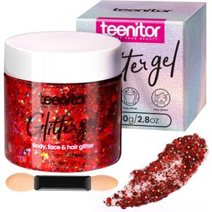 Teenitor Body Glitter, Red Body Glitter Gel, Hair Glitter, Face Glitter, 80g/2.8oz Red Glitter Gel for Face, Makeup, Hair, Eye