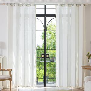 Deep Dream Grommet Semi-Sheer Boho Curtains 84 Inch Length 2 Panels for Living Room, Linen Blend Tassels Farmhouse Curtains with Embroidery for Bedroom (52" W x 84" L, 2 Panels, Off White)