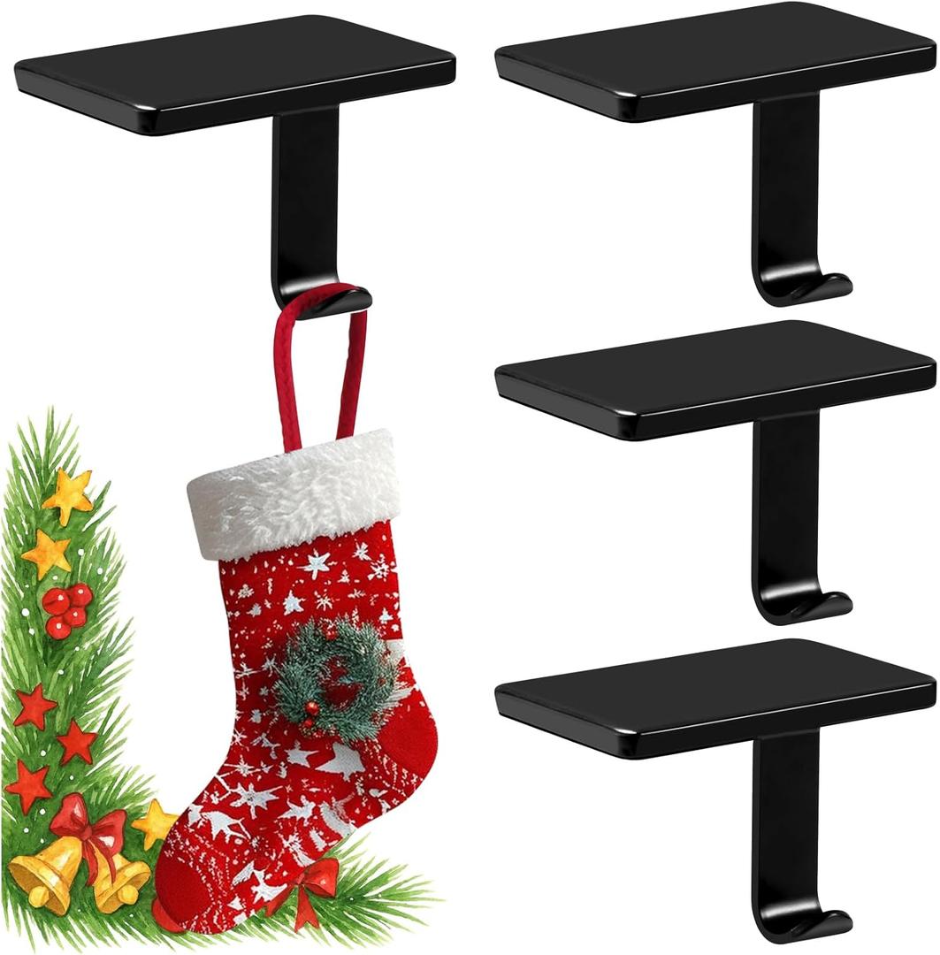 Christmas Stocking Holders for Mantle Set of 4, Stocking Hangers for Mantel Weighted, Heavy Duty, Flat, for Garland, Fireplace, Wall (
Black
)