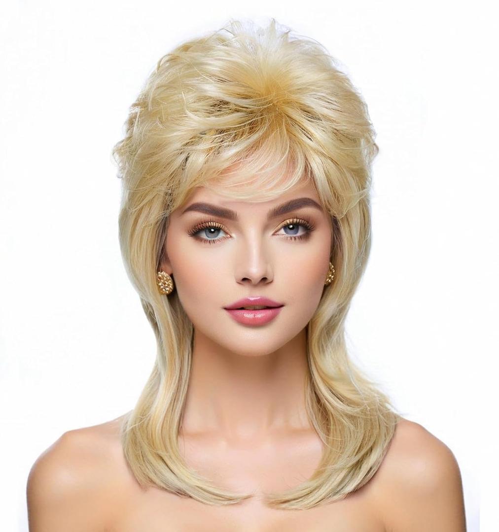 Airhostess Mullet Wig for Women 80s 90s Costumes Fancy Party Accessory Halloween Hair Wig(Light Blonde)