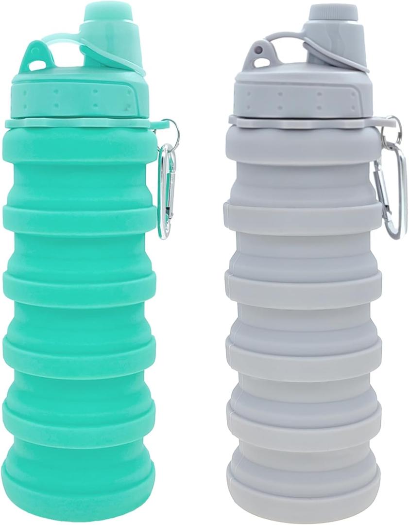 Collapsible Water Bottles Travel water bottle Sports Portable Sport Water Bottle Reusable Water Bottles comes with mountaineering Buckle 500ml silicone Water-proof camping water bottle (Green+Light grey)