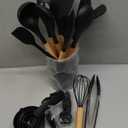 Silicone Cooking Utensils Set - Silicone Kitchen Utensils for Cooking Wooden Handles, 446F Heat Resistant Kitchen Utensil Spatula Sets w Holder, Gadgets for Non-Stick Cookware BPA FREE (Black)