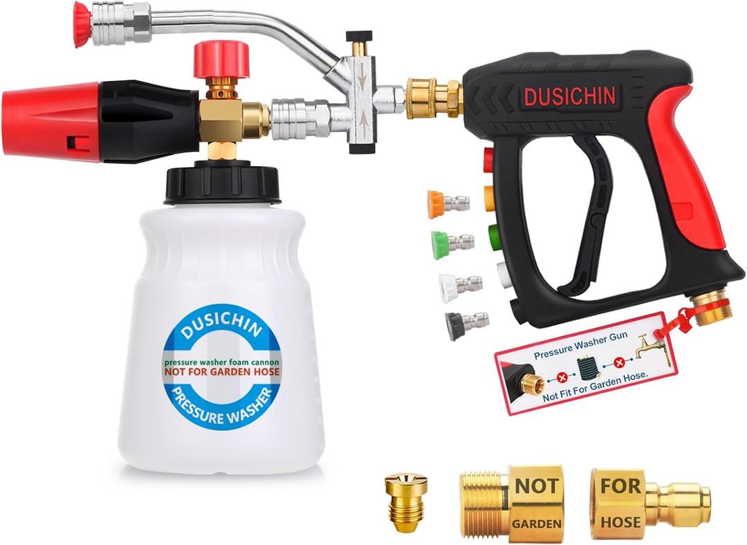 DUSICHIN Short Wand Pressure Washer Gun Foam Cannon 1/4" Quick Connector Pressure Washer Accessory,Car Wash Foam Gun Dual Ended Shift Connector 5 Pressure Washer Nozzles M22-14, M22-15 Brass Fittings