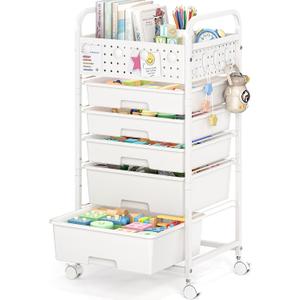5 Drawer Rolling Storage Cart with Pegboard Top and Hooks, Mobile Utility Organizer with Wheels for Office Supplies, Craft Storage, Classroom Organization, Home Storage Cart, White