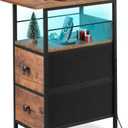 WLIVE Narrow Side Table with Charging Station, End Table with LED Lights,2 Fabric Drawers and Open Shelf, Bed Side Tables Living Room, Small Spaces, Bedroom, Nightstand with Drawers (Rustic Brown Wood Grain Print)
