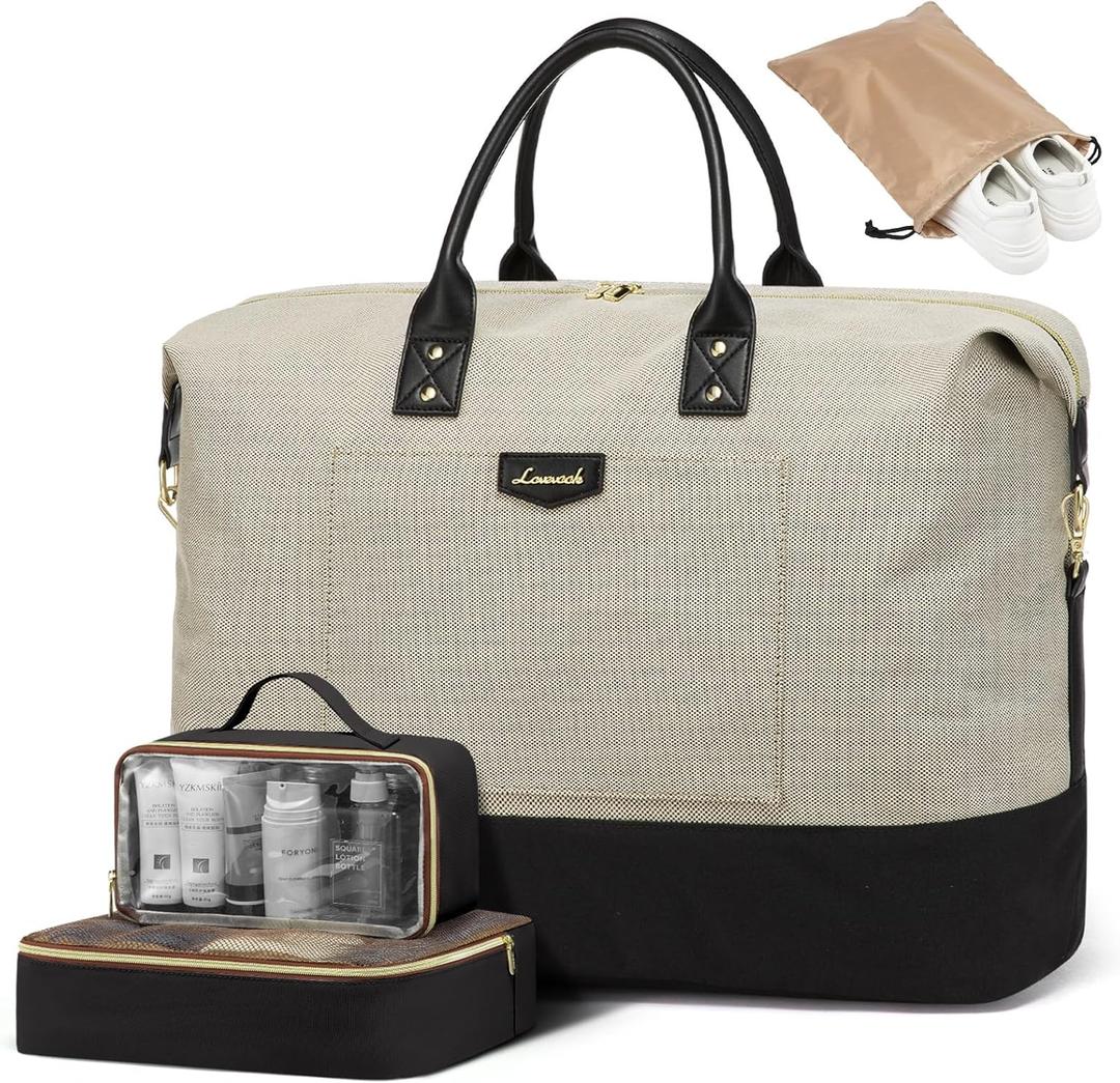 LOVEVOOK Travel Bags for Women, Weekender Bags for Women with 2 Cubes, Personal Item Travel Bag with Shoes Bag, Carry on Overnight Bag, Hospital Bags for Labor and Delivery, 4 Pcs Set, Khaki/Black