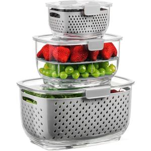 LUXEAR Fresh Produce Vegetable Fruit Storage Containers 3Piece Set, BPA-free Fridge Storage Container, Partitioned Salad Container, Fridge Organizers, Used in Storing Fruits Vegetables, Gray (Grey Clear)