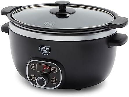 GreenLife 6 Quart Ceramic Slow Cooker, PFAS-Free, Programmable, Removable Healthy Nonstick Pot for large families, Sear on Stovetop, Keep Warm, Digital Timer, Dishwasher Safe Glass Lid & Crock, Black