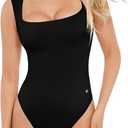 Popilush Bodysuits for Women - Sleeveless Square Neck Thong Bodysuit Tummy Control Double Lined Going Out Corset Tops, Black, Large 