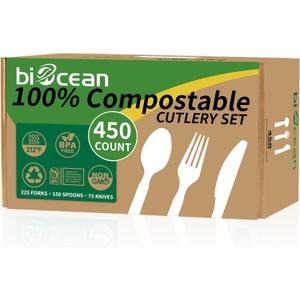 450 Counts Compostable Forks Spoons Knives Set Disposable Forks Utensils Heavy Duty Silverware Eco Friendly Flatware for Party Camping Picnics White forks spoons and knives set