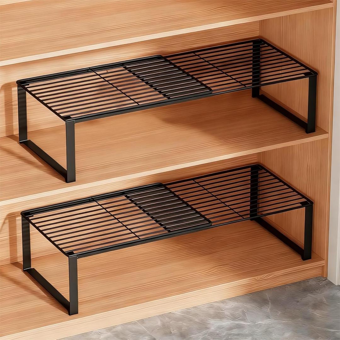 Multi-Functional Adjustable Metal Wire Shoe Rack Organizer - Stackable Shoe Storage for Closet, Extendable 15-24.4in, Retractable Entryway Shoe Cabinet Shelf (Black, 2 Pack)