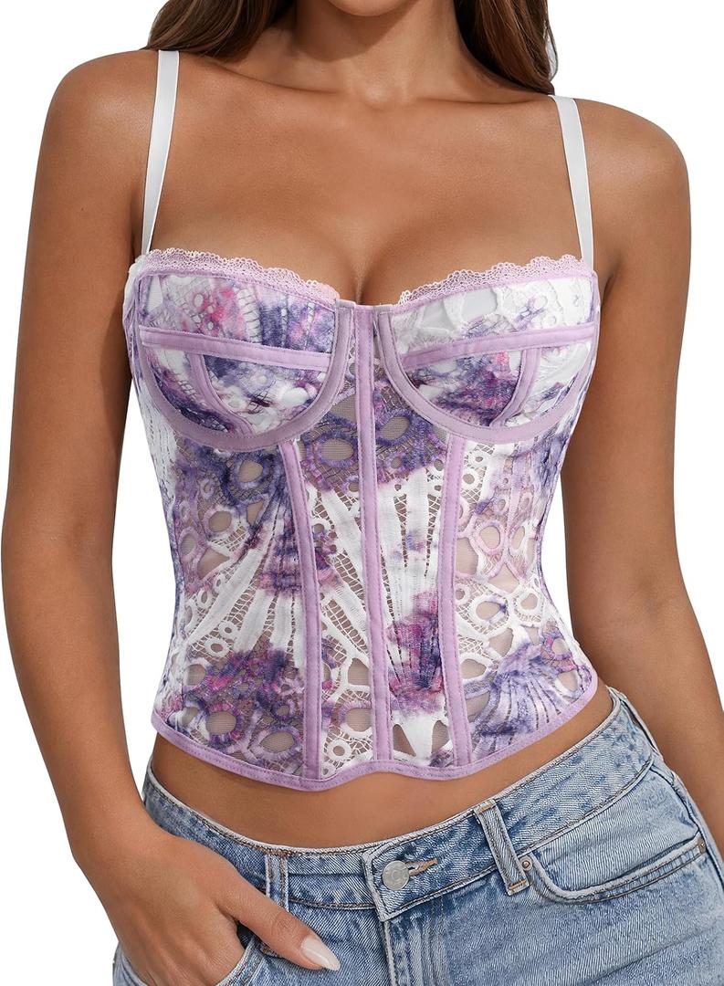 WERFORU Corset Tops For Women Sexy Going Out Bustier Top Lace Mesh Crop Top For Date Night Cute Party Strap Tank, Purple, S