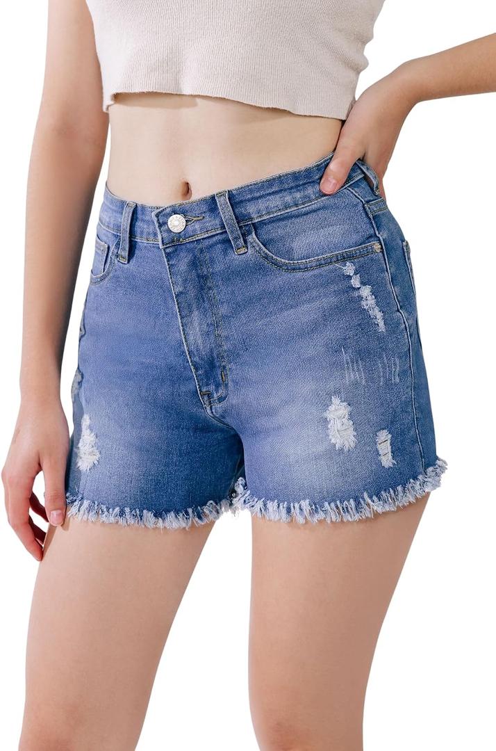 high Waisted Jean Shorts Women Stretchy Womens Jean Shorts, Frayed Hem, Comfy fit,Ripped Denim Shorts, Soft Denim (Blue, L)