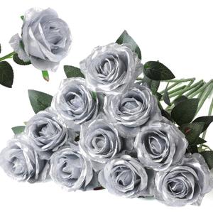 Nubry Artificial Silk Rose Flower Bouquet Lifelike Fake Rose for Wedding Home Party Decoration Event Gift 10pcs (Silver)