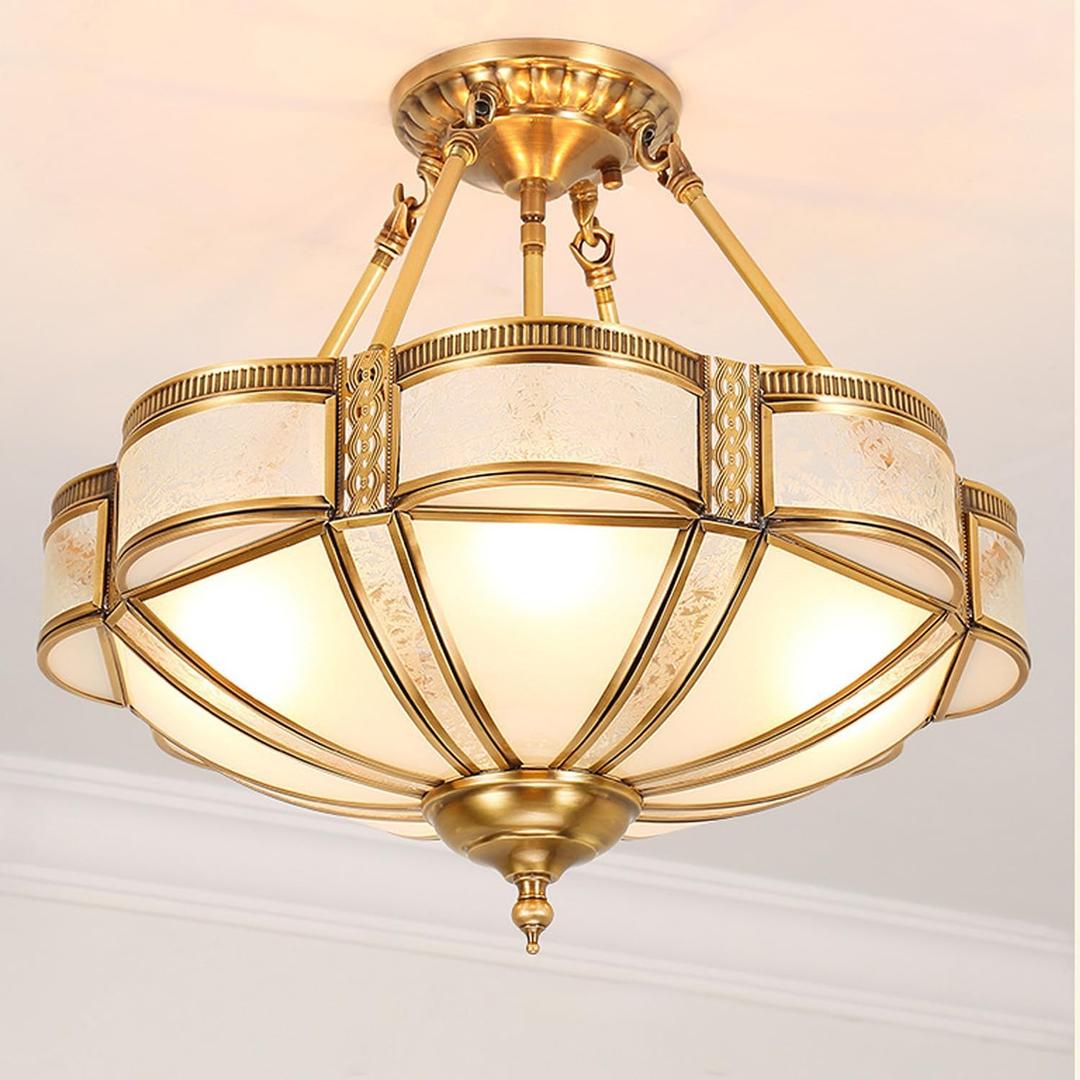 MIXL-24 Inch Brass Chandelier with Glass Lampshade,Art Deco Floral Bedroom Chandelier,Antique Flower Ceiling Mount Lamp,Vintage Style Semi Flush Ceiling Light for Dining Room Kitchen and Hallway