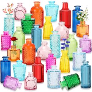 Yaomiao 30 Pcs Vases Bulk Colored Flower Glass Vases Bud Vintage Colored Glass Bottles Colorful Rustic Embossed for Home Wedding Table Decorations Gifts(Bright Color)
