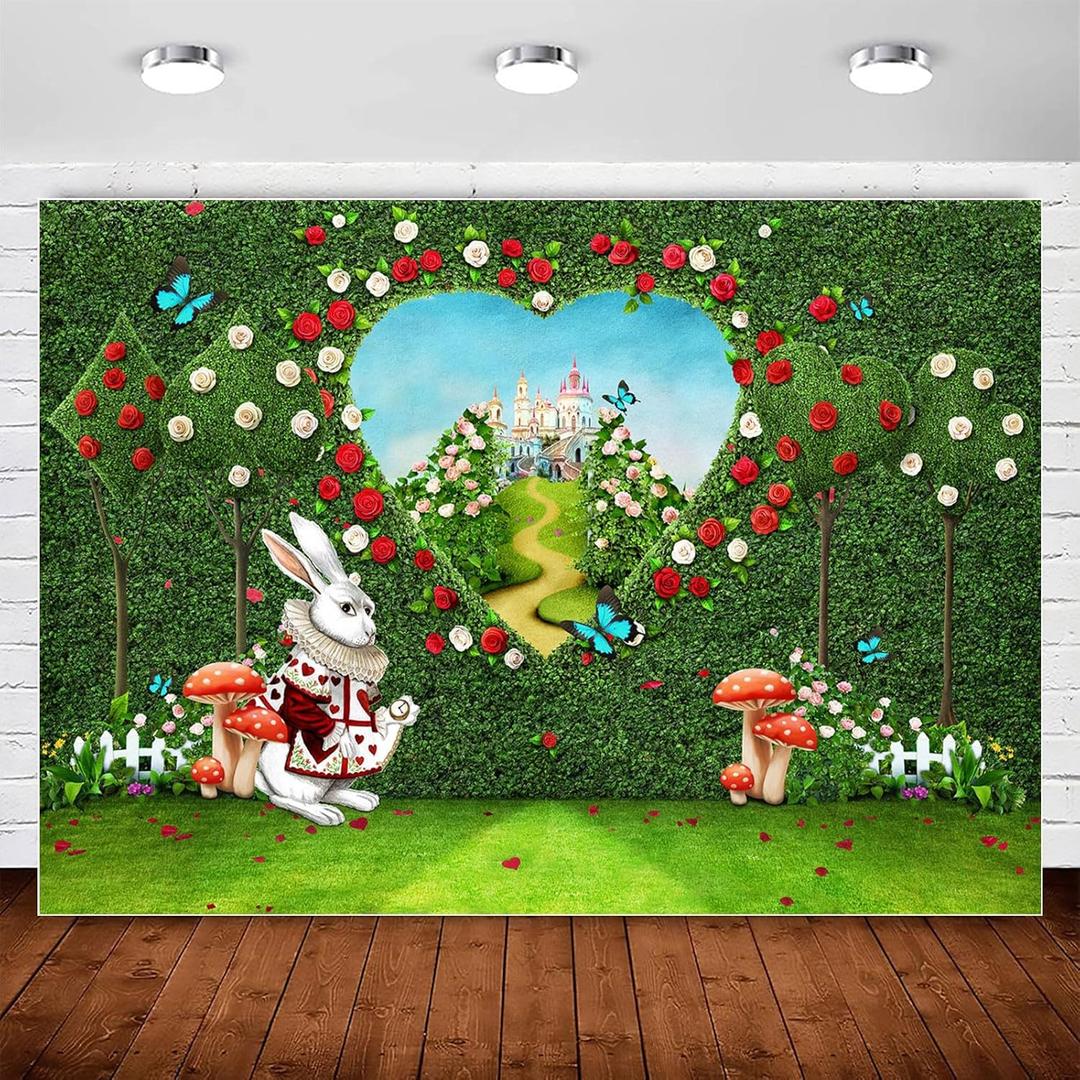 InMemory Wonderland Photo Backdrop for Girls Birthday Party Decorations,Fairy Wonderland Tea Party Backdrops Banner Decor Flower Grass Fence Photography Background for Kids Newborn Portrait Prop 7x5ft (Rose Heart Entrance to Fairy Castle)