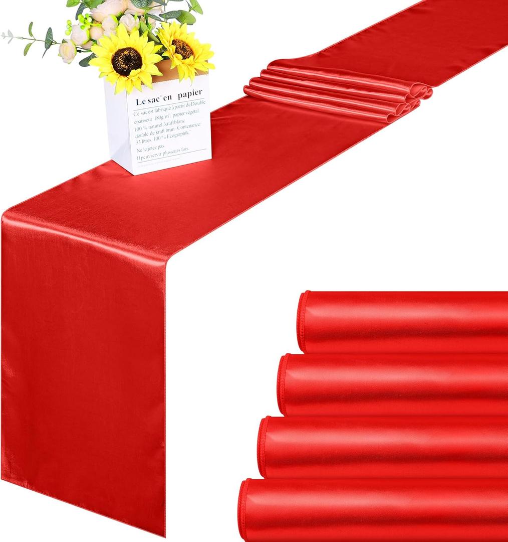 ANECO 4 Pack Satin Table Runner 12 x 108Inch Long Bright Silk and Smooth Fabric Party Table Runner for Wedding Banquet Party Decoration- Red