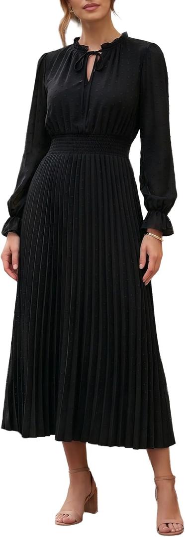 Flowy A Line Dress for Women Long Sleeve V Neck Swiss Dot Formal Dress Pretty Garden and Wedding Guest Outfit, L