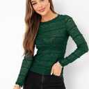 Essrite Womens Slim Fit Lace Mesh Top Crew Neck Long Sleeve See Through Shirt Blouses Tops Fall Outfits 2026 (Green)