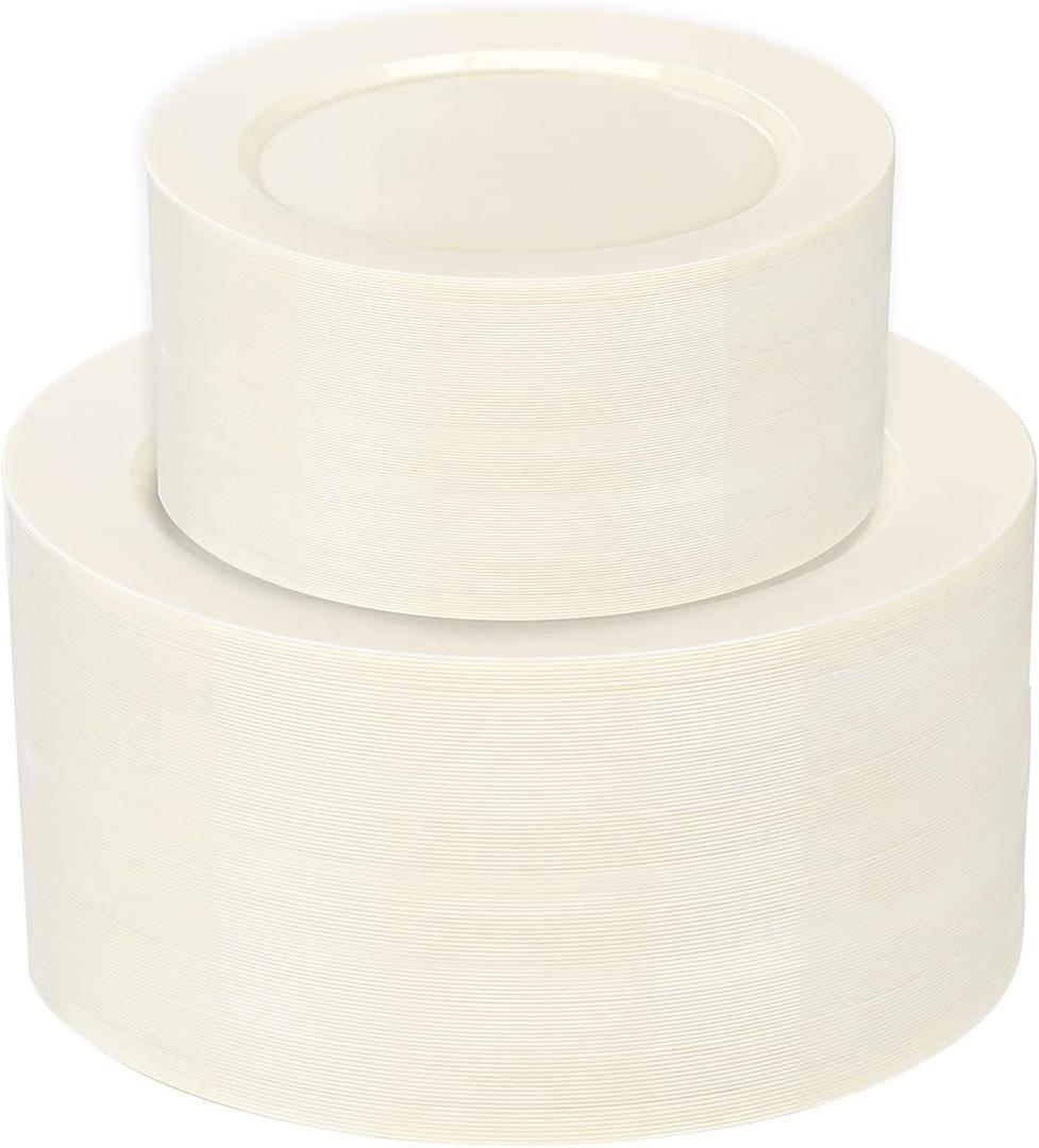 102 Pcs Ivory Plastic Plates, Disposable Party Plates Include 51 Ivory Dinner Plate 10 and 51 Plastic Dessert Plate 7 Perfect for Birthday, Party & Wedding