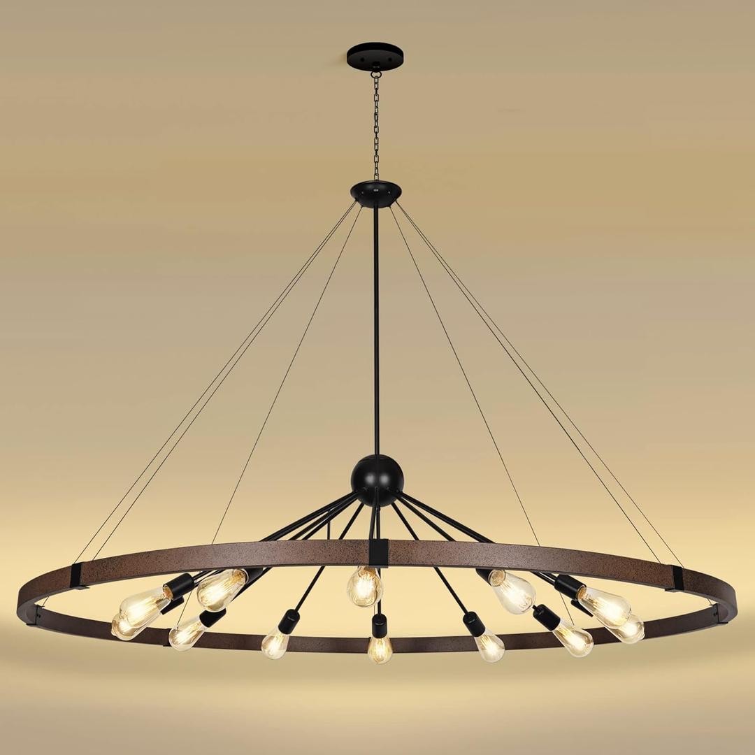 59'' Large Rustic Dining Room Light Fixture, 12-Light Farmhouse Wagon Wheel Chandelier, Industrial Round Chandeliers for Entryway Living Room, Vintage Rust and Black Finishe